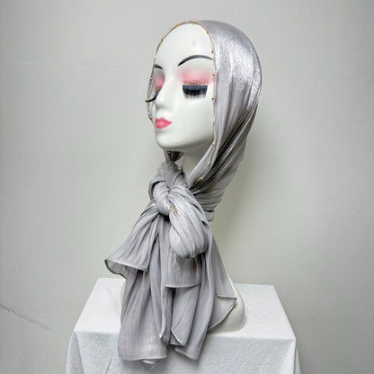 Gold Chain Beaded Edge Crinkle Satin Hijab(MH238)