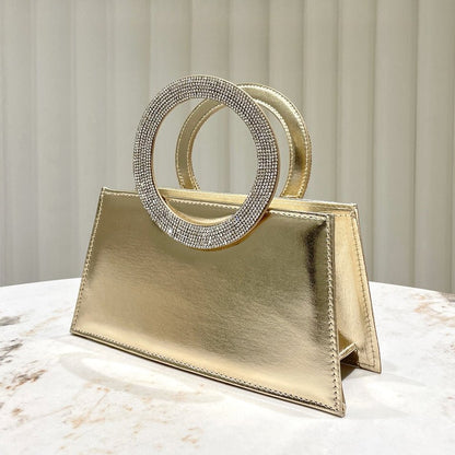 Gold Reflective Evening Clutch with Diamond-Studded Circular Handle (MAC294)