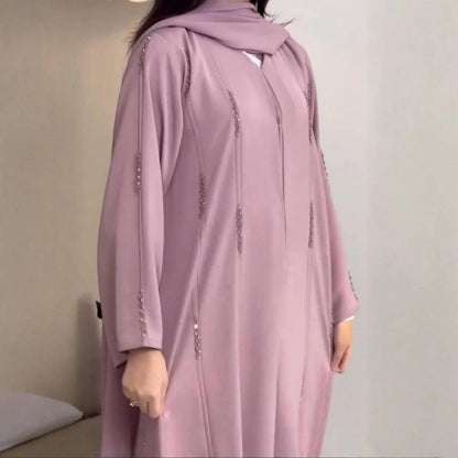Hand-Beaded Linen Open Abaya(MOA320)
