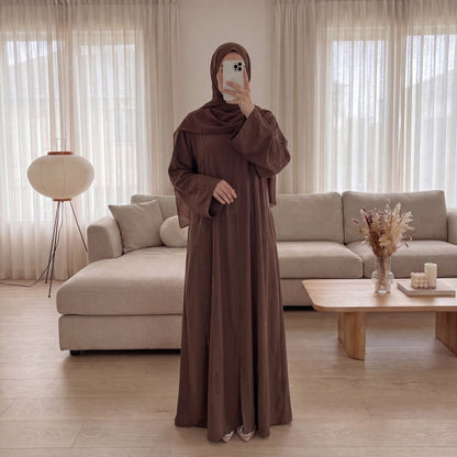 Hand-Beaded Linen Open Abaya(MOA320)
