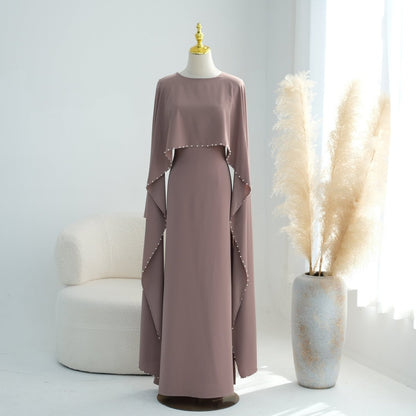 Hand-Beaded Pearl Cape Sleeve Nida Maxi Dress(MS439)