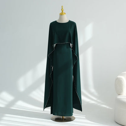 Hand-Beaded Pearl Cape Sleeve Nida Maxi Dress(MS439)