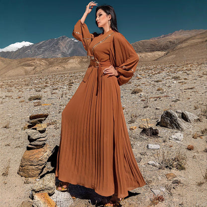 Hand-Beaded V-Neck Pleated Maxi Dress | Bubble Sleeve Crystal Embellished Gown(MS212)