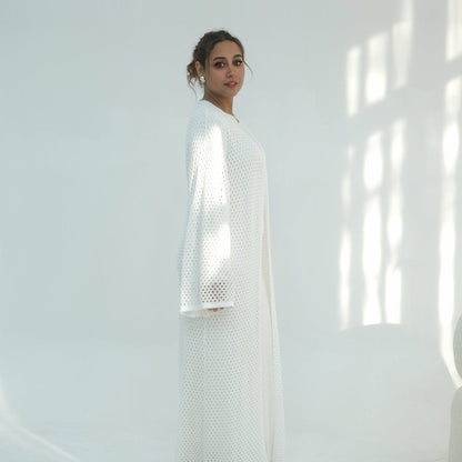 Hollow-Out Knit Open Abaya Cardigan with Waist Belt(MOA315)