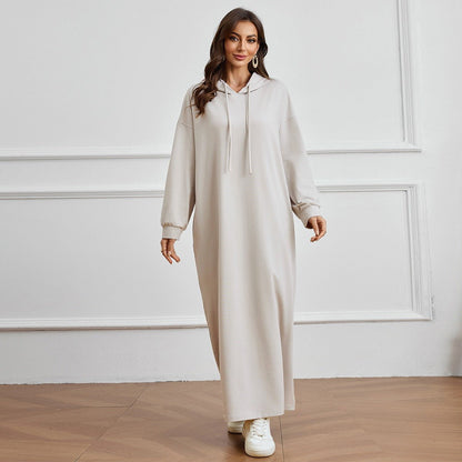 Hooded Pocket Casual Solid Color Dress Robe - Modest Long Sleeve Lounge Dress with Drawstring Hood(MA282)