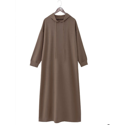 Hooded Pocket Casual Solid Color Dress Robe - Modest Long Sleeve Lounge Dress with Drawstring Hood(MA282)