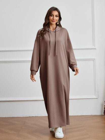 Hooded Pocket Casual Solid Color Dress Robe - Modest Long Sleeve Lounge Dress with Drawstring Hood(MA282)