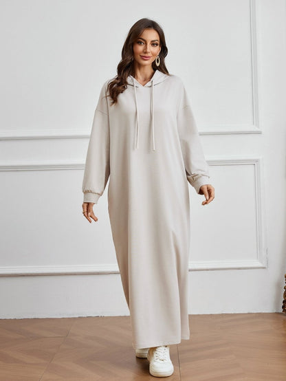 Hooded Pocket Casual Solid Color Dress Robe - Modest Long Sleeve Lounge Dress with Drawstring Hood(MA282)