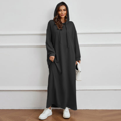 Hooded Pocket Casual Solid Color Dress Robe - Modest Long Sleeve Lounge Dress with Drawstring Hood(MA282)