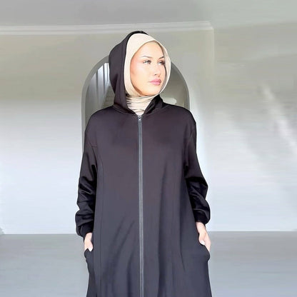 Hooded Zip-Front Abaya with Pockets (MA389)