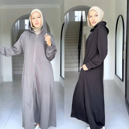 Hooded Zip-Front Abaya with Pockets (MA389)