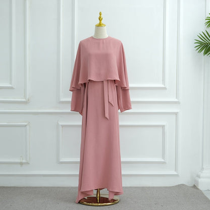 Ice Silk Crinkle Cape Set | 3-Piece Solid Color Abaya with Inner Dress & Belt(MA304)