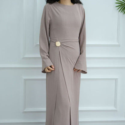 Ice Silk Crinkle Round Neck A-Line Work Dress with Decorative Button & Built-in Belt(MA308)