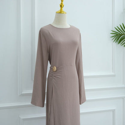 Ice Silk Crinkle Round Neck A-Line Work Dress with Decorative Button & Built-in Belt(MA308)