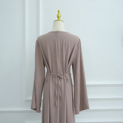Ice Silk Crinkle Round Neck A-Line Work Dress with Decorative Button & Built-in Belt(MA308)