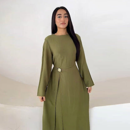 Ice Silk Crinkle Round Neck A-Line Work Dress with Decorative Button & Built-in Belt(MA308)