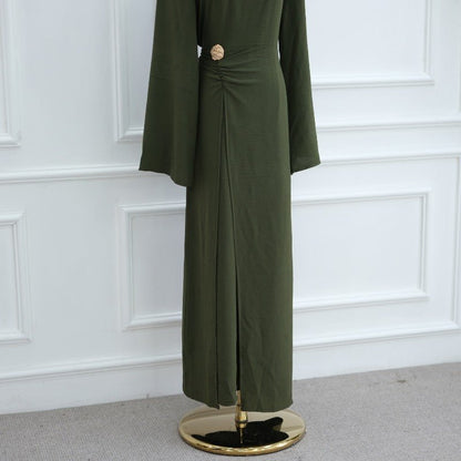 Ice Silk Crinkle Round Neck A-Line Work Dress with Decorative Button & Built-in Belt(MA308)