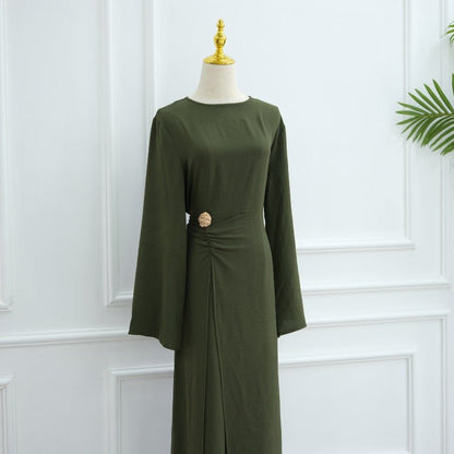Ice Silk Crinkle Round Neck A-Line Work Dress with Decorative Button & Built-in Belt(MA308)