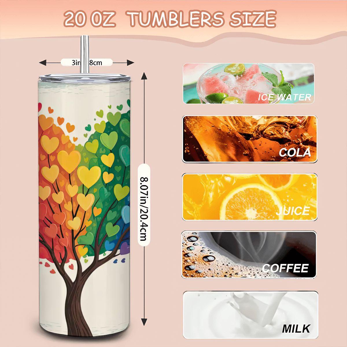 ColorFlow | Rainbow Love Heart Tree Tumbler | 20oz Stainless Steel Insulated Mug with Straw | Pride Art Gift Travel Cup