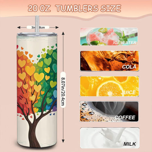 ColorFlow | Rainbow Love Heart Tree Tumbler | 20oz Stainless Steel Insulated Mug with Straw | Pride Art Gift Travel Cup