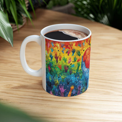 ColorFlow | Heart of Pride Art Mug | Rainbow Hands Coffee Cup | 15 oz Ceramic Mug | Love Unity Kindness Gift
