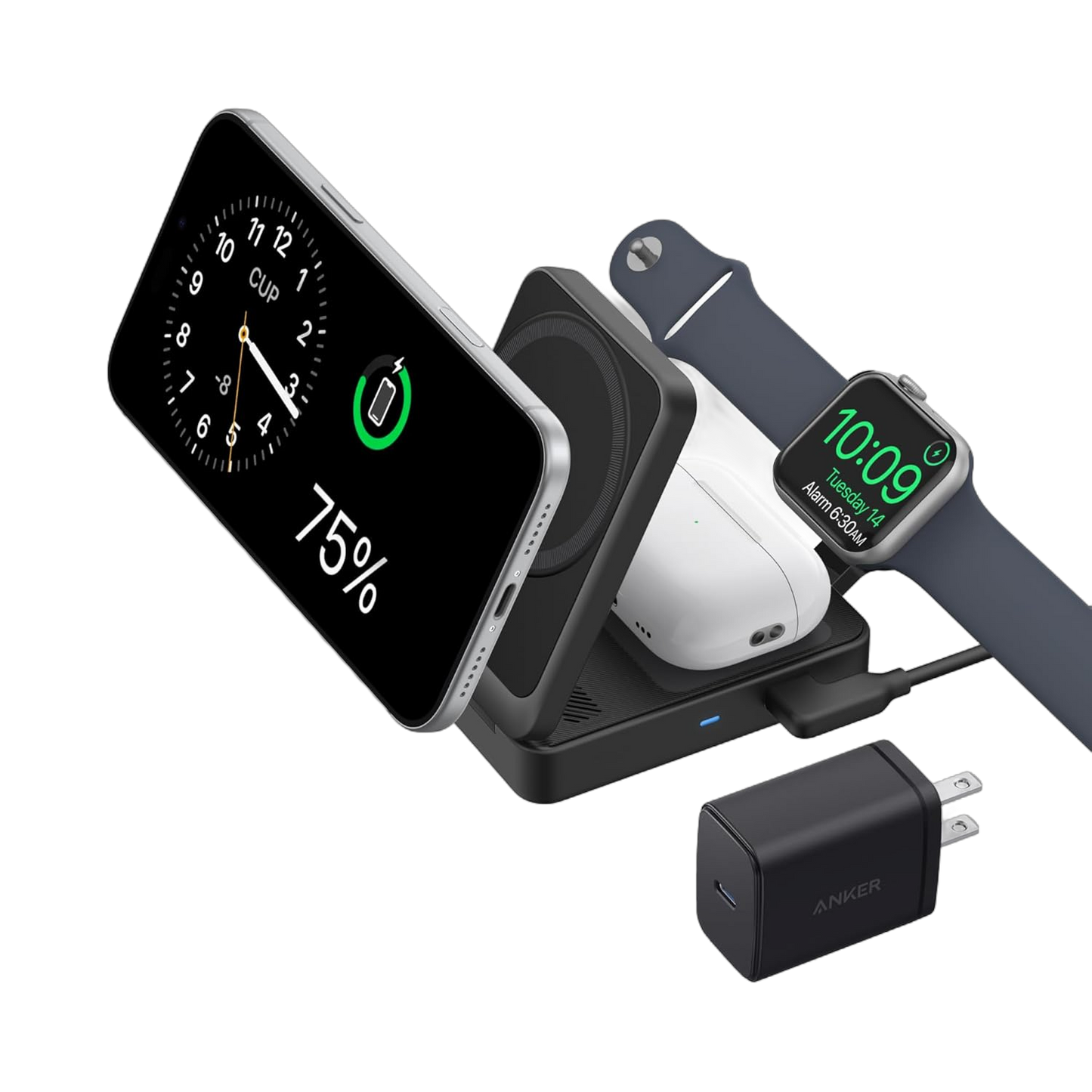 Anker MagGo wireless charging station with foldable 3-in-1 design for charging smartphones, earbuds, and smartwatch.