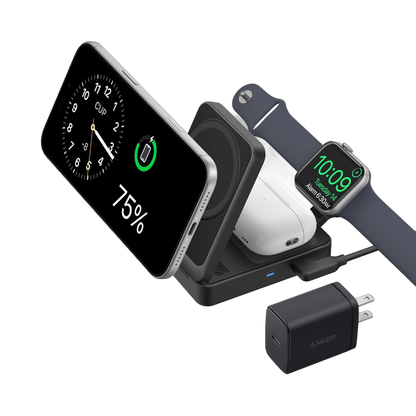 Anker MagGo wireless charging station with foldable 3-in-1 design for charging smartphones, earbuds, and smartwatch.