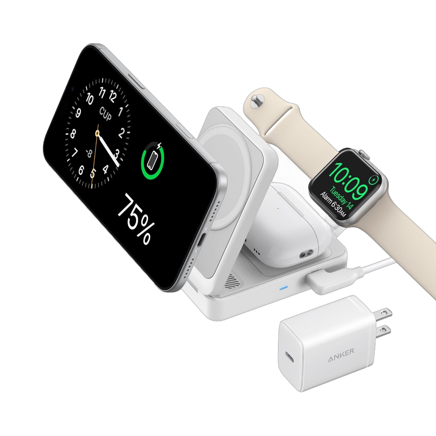 Anker MagGo Wireless Charging Station 3-in-1 foldable dock with multiple charging pads for phone, Apple Watch, and AirPods.