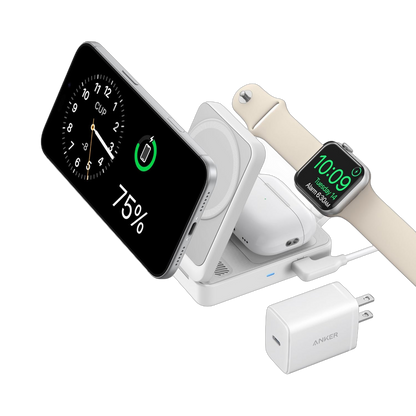 Anker MagGo Wireless Charging Station 3-in-1 foldable dock with multiple charging pads for phone, Apple Watch, and AirPods.