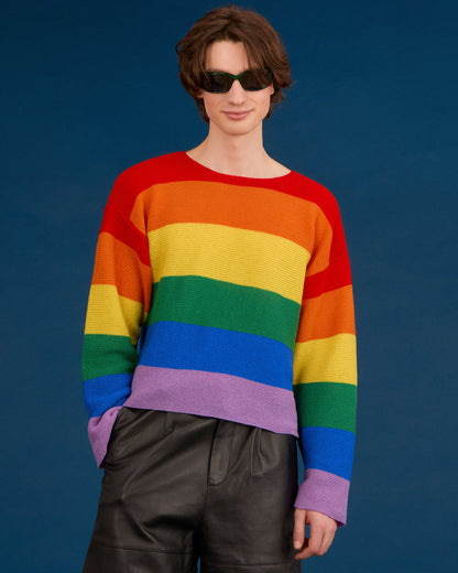 Striped dropped shoulder top by INGMARSON in vibrant Pride edition with bold horizontal stripes and relaxed fit.