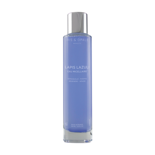 Lapis lazuli collection by IRIS & OPALE featuring a bottle of Eau Micellaire with blue lapis lazuli accents