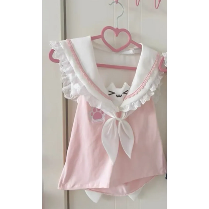 Kawaii Cat Lace Sailor Crop Top