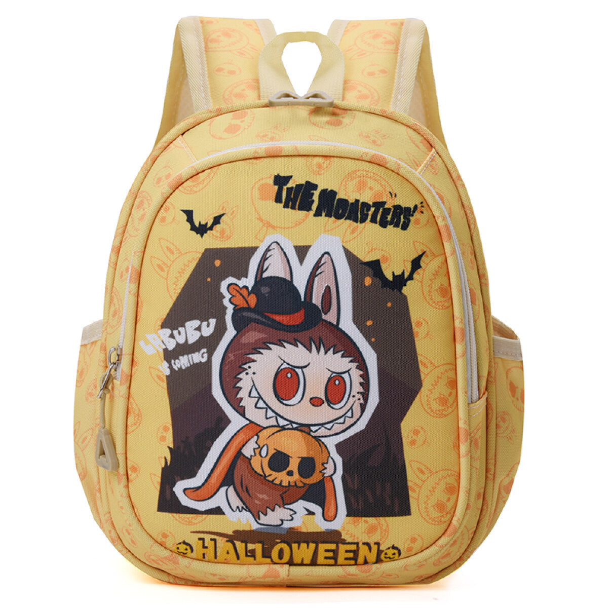 Beige Labubu Kids Backpack with colorful fun vacation time design, featuring adjustable straps and multiple compartments.