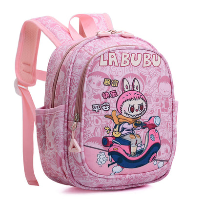 Beige Labubu Kids Backpack with fun vacation time design, featuring colorful illustrations and adjustable straps for children.