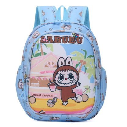 Beige Labubu Kids Backpack with fun vacation theme, featuring playful design and adjustable straps for children.