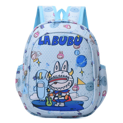 Beige Labubu Kids Backpack with fun vacation theme, featuring colorful illustrations and adjustable straps.