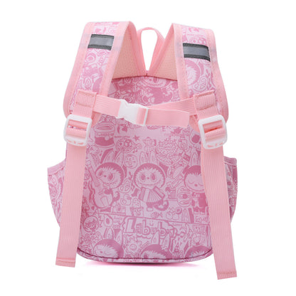Beige Labubu Kids Backpack with fun vacation-themed design, featuring colorful illustrations for children.