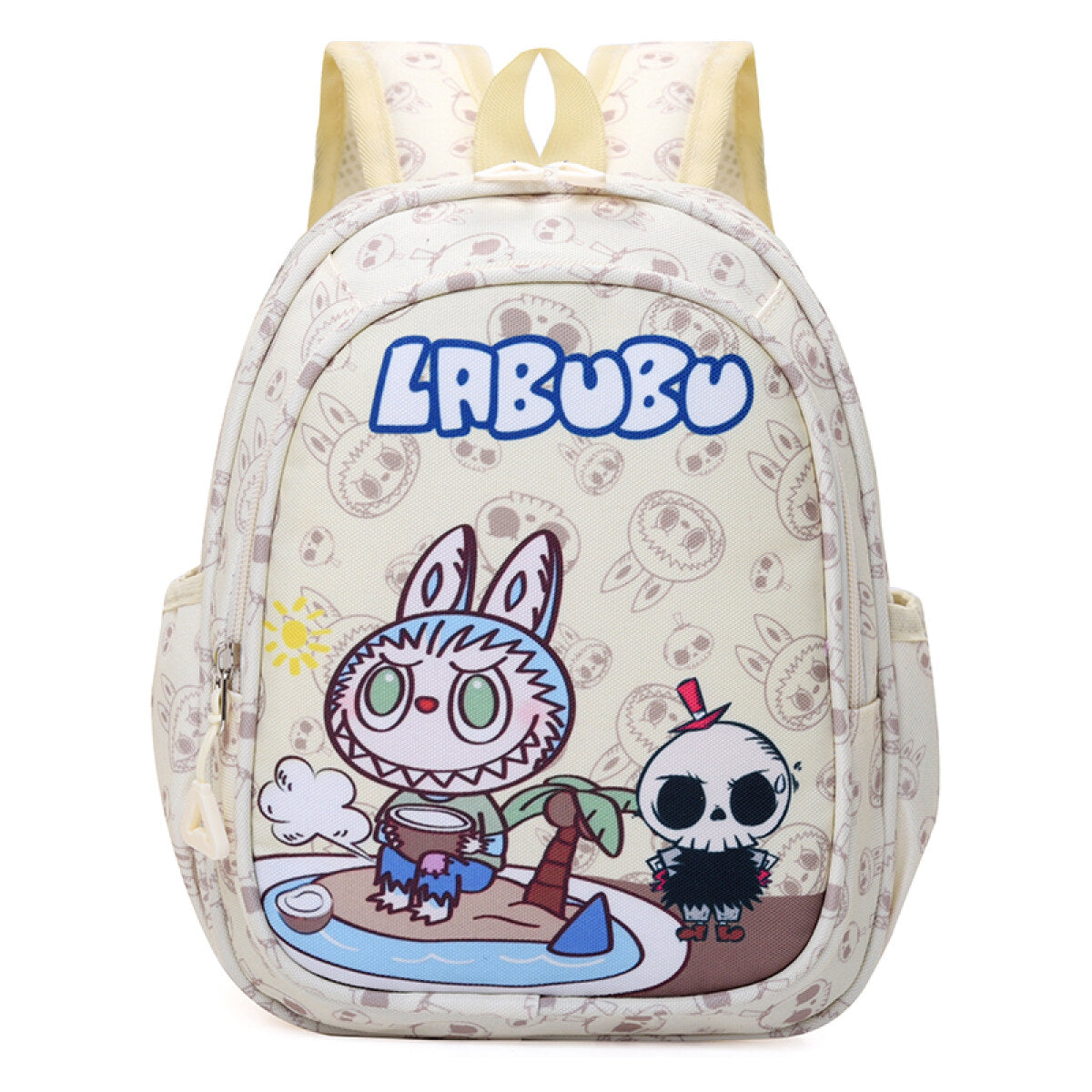 Beige Labubu Kids Backpack with fun vacation time design, featuring adjustable straps and spacious main compartment for children.