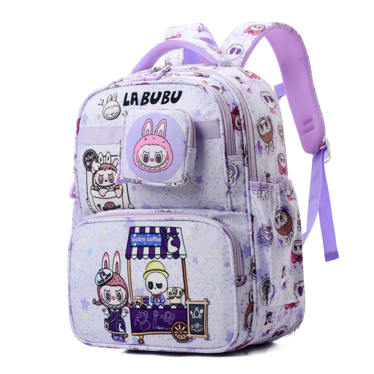 Black Labubu Kids Backpack featuring colorful "Everyday Is a Happy Day" design, perfect for children.