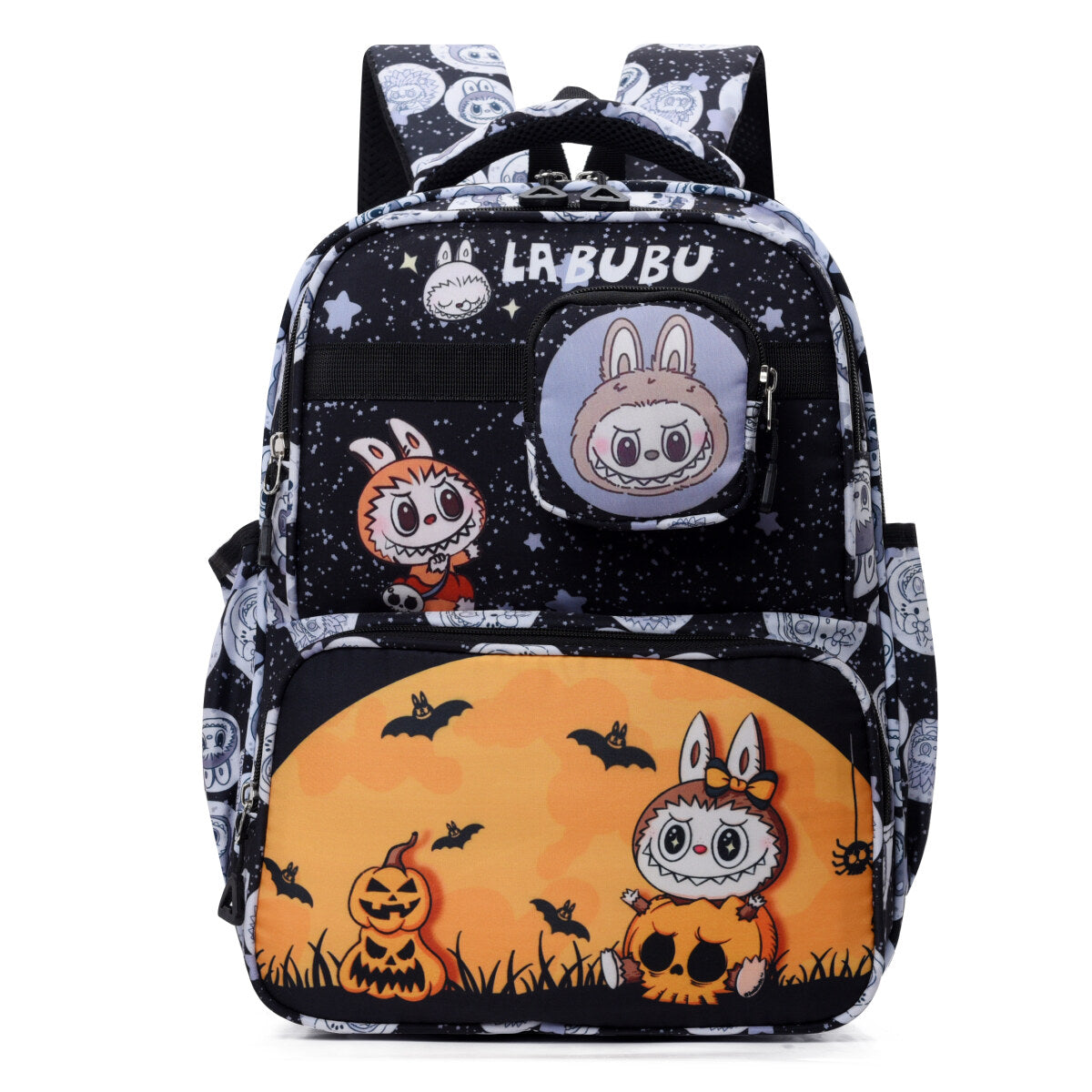 Black Labubu Kids Backpack featuring colorful "Everyday Is a Happy Day" design, perfect for children.