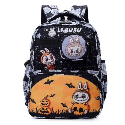 Black Labubu Kids Backpack featuring colorful "Everyday Is a Happy Day" design, perfect for children.
