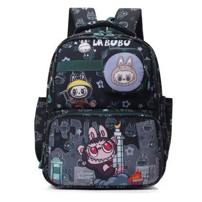 Black Labubu Kids Backpack with "Everyday Is a Happy Day" design, featuring adjustable straps and spacious main compartment.