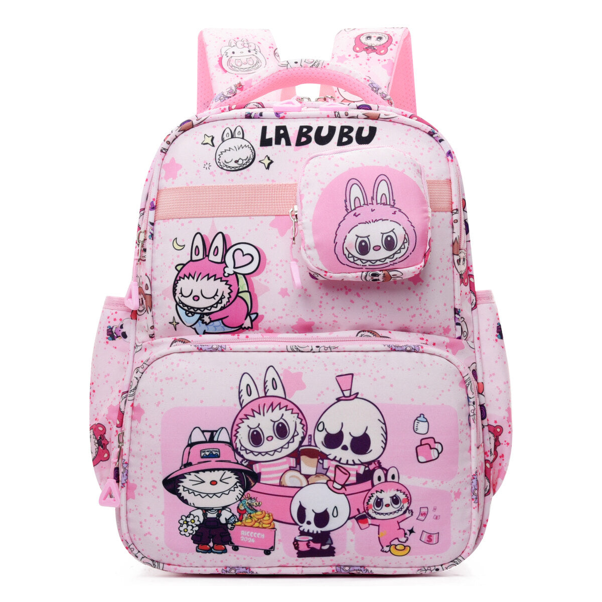 Black Labubu Kids Backpack featuring colorful "Everyday Is a Happy Day" design, ideal for children’s school or outings.