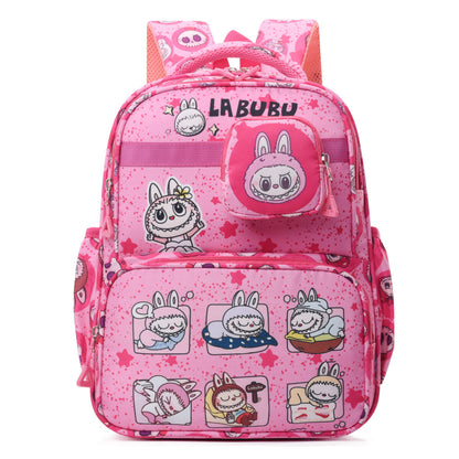 Black Labubu Kids Backpack with colorful "Everyday Is a Happy Day" design, featuring adjustable straps and spacious main compartment.