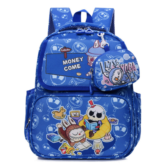 Blue Labubu Double Trouble Kids Backpack with playful design, adjustable straps, and multiple compartments for children.