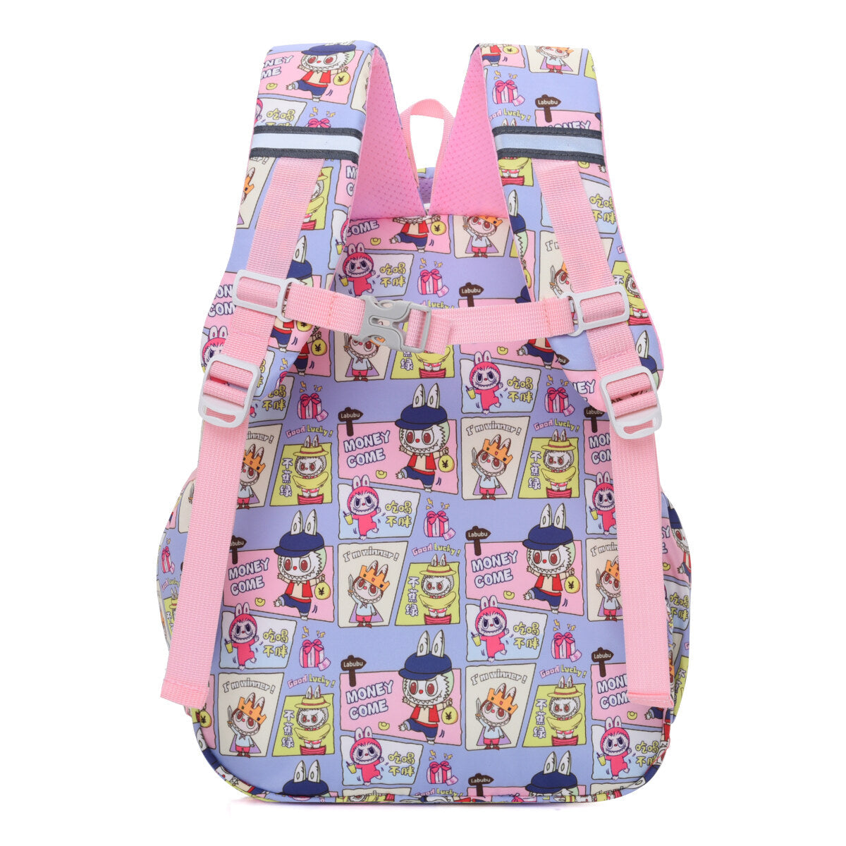 Blue Labubu Kids Backpack featuring fun friends design, perfect for school and everyday use, with colorful character illustrations.