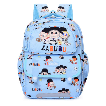 Blue Labubu Kids Backpack featuring colorful fun with friends design, perfect for children’s school or outings.