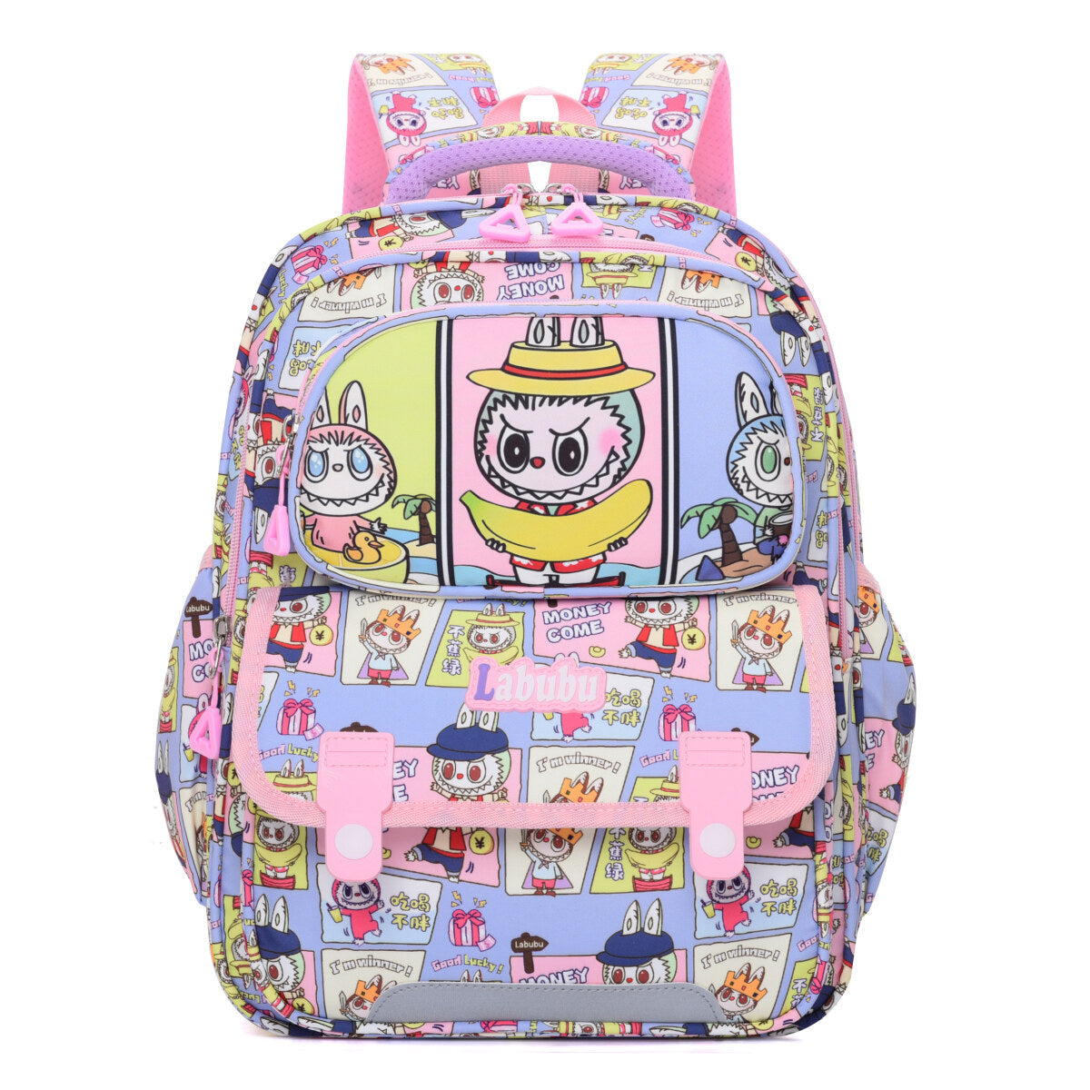 Blue Labubu Kids Backpack featuring fun with friends design, perfect for children, with adjustable straps and spacious main compartment.