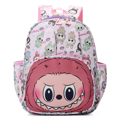 Blue Mischief Squad Labubu Kids Backpack with playful design, featuring adjustable straps and a front pocket for children.
