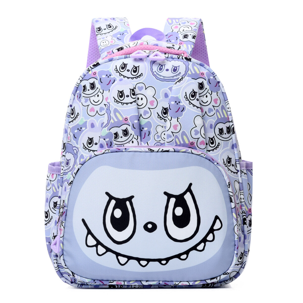 Blue Labubu Mischief Squad kids backpack featuring fun character designs and adjustable straps for young children.